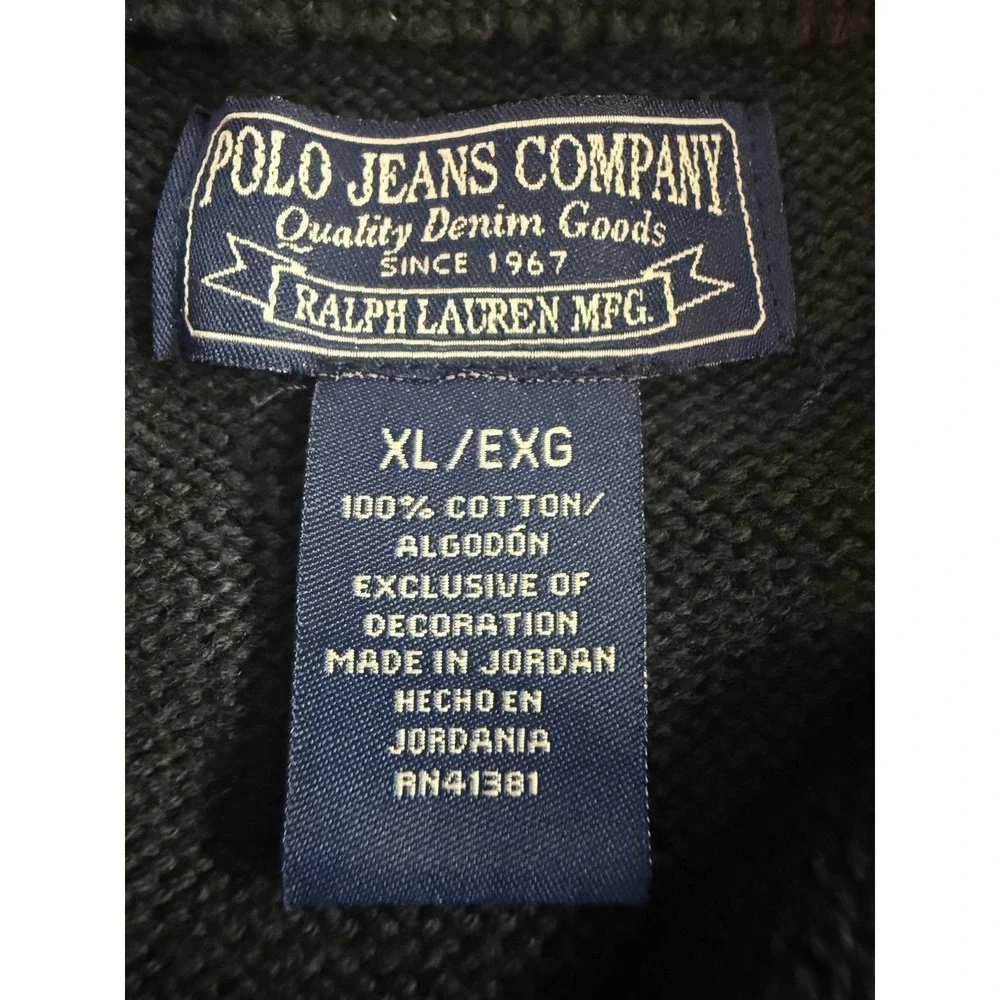 Vintage Polo Jeans Co Ralph Lauren Mens XL Black Cotton Quarter Zip Flag Sweater